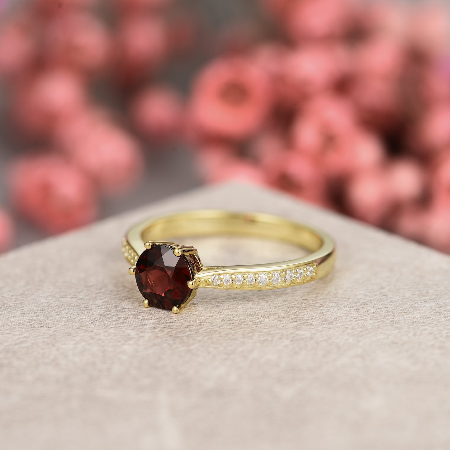 Natural Garnet Round With Moissanite 925 Sterling Silver Ring