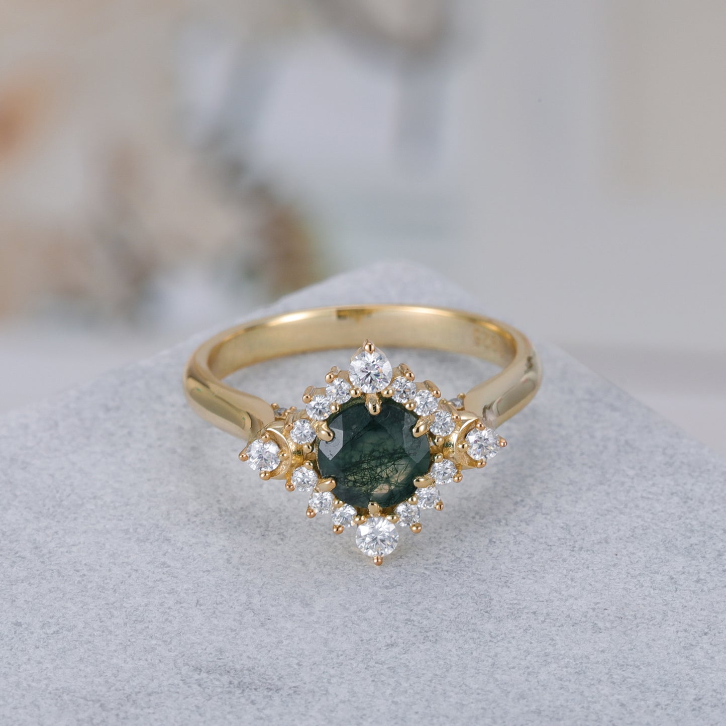 Natural Moss Agate Flower With Moissanite 925 Sterling Silver Ring