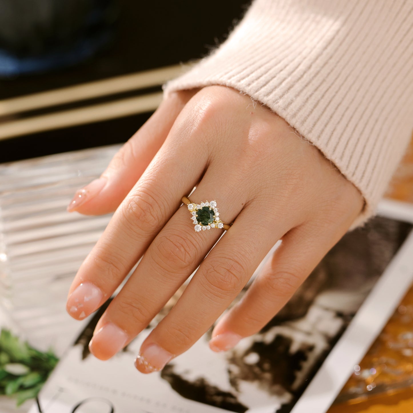 Natural Moss Agate Flower With Moissanite 925 Sterling Silver Ring
