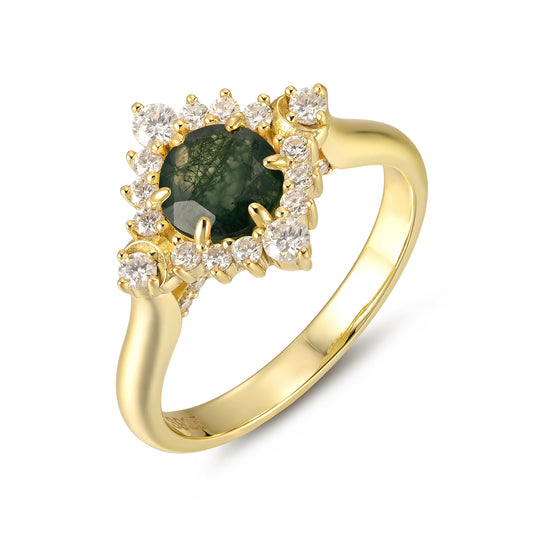 Natural Moss Agate Flower With Moissanite 925 Sterling Silver Ring