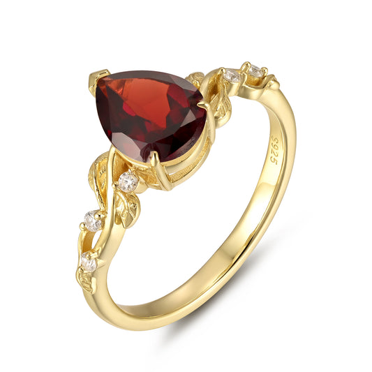 Natural Garnet Pear With Moissanite 925 Sterling Silver Ring
