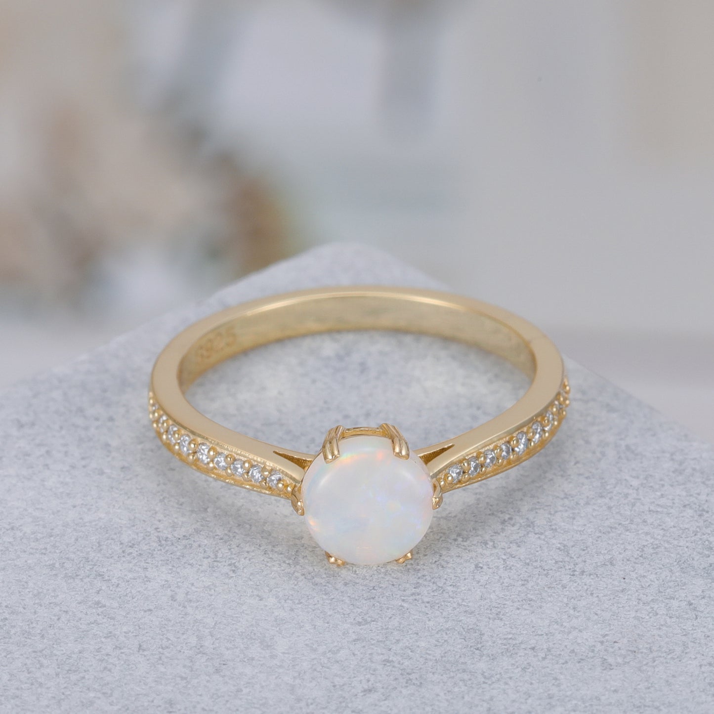 Natural Opal Round With Moissanite 925 Sterling Silver Ring