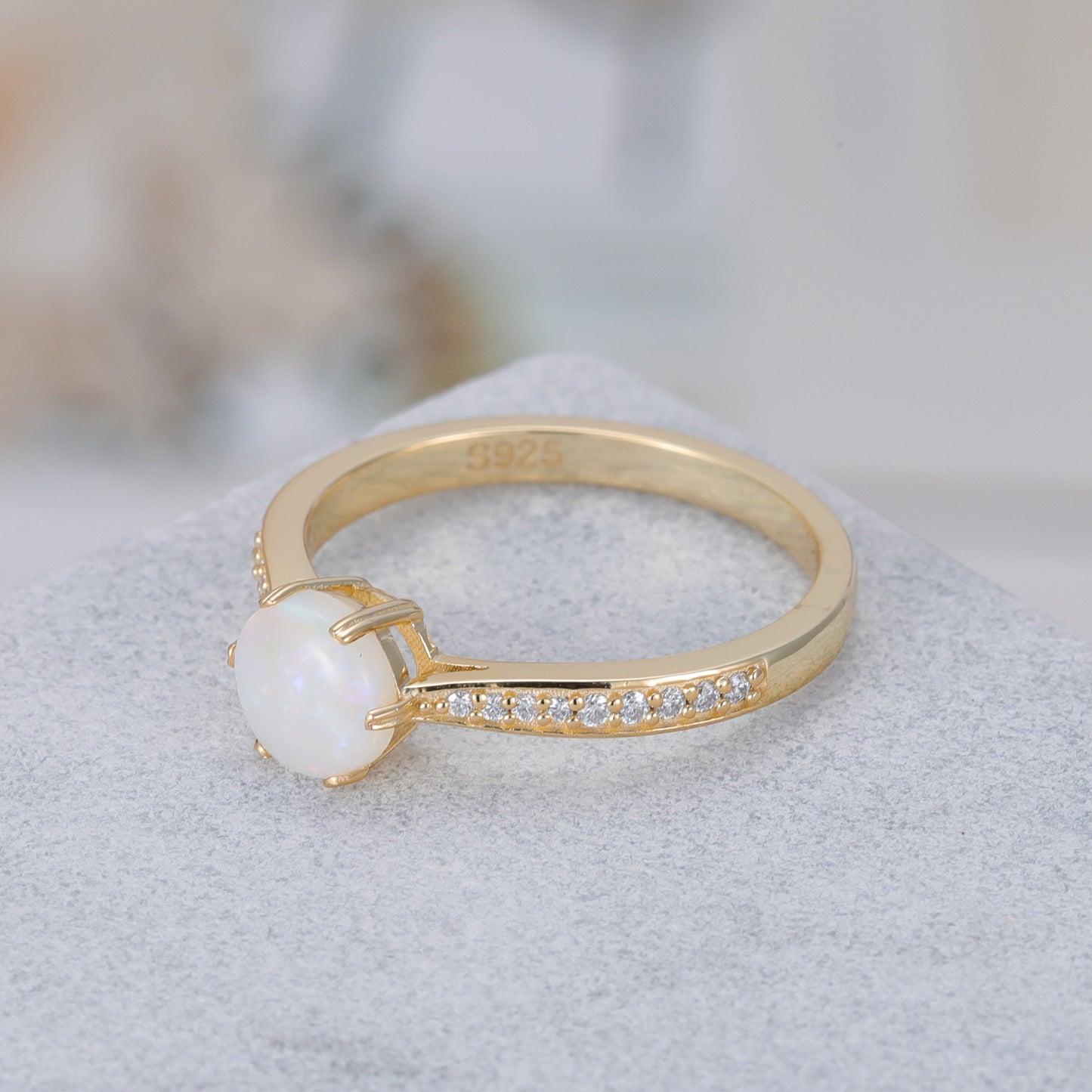 Natural Opal Round With Moissanite 925 Sterling Silver Ring