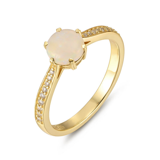 Natural Opal Round With Moissanite 925 Sterling Silver Ring