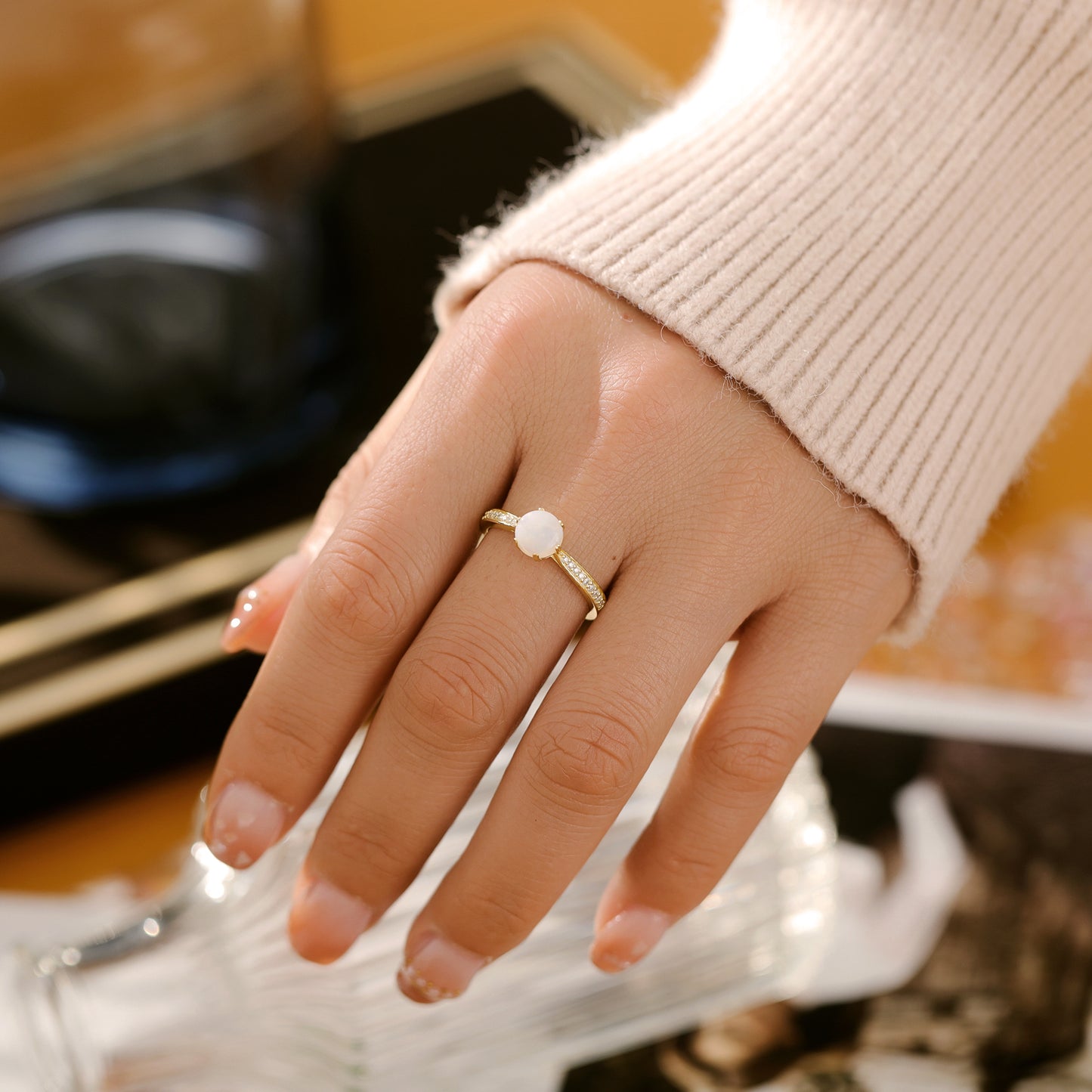 Natural Opal Round With Moissanite 925 Sterling Silver Ring