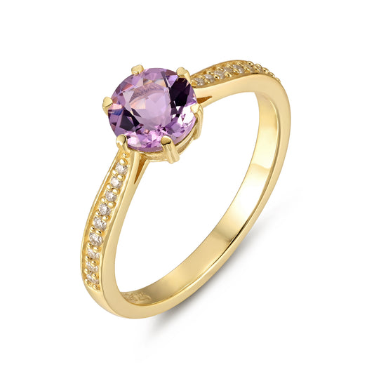Natural Amethyst Round With Moissanite 925 Sterling Silver Ring
