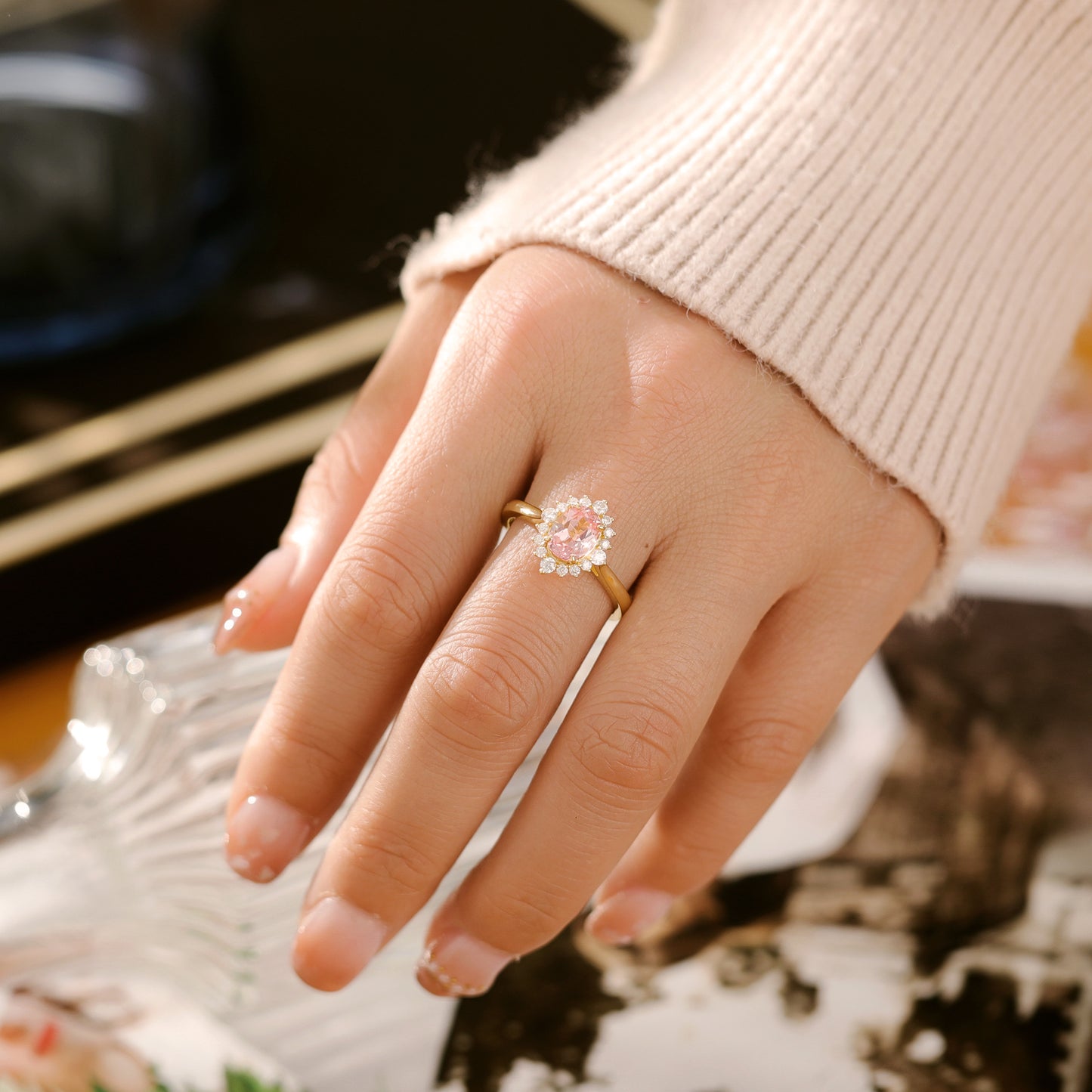 Pink Sapphire Flower With Moissanite 925 Sterling Silver Ring