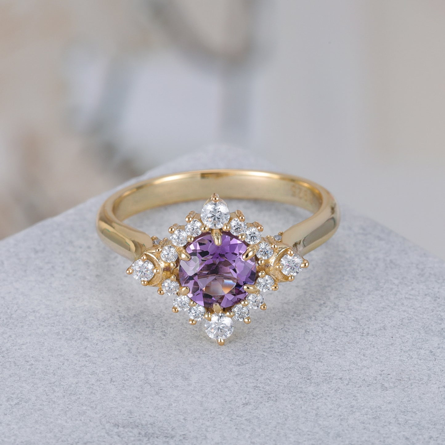 Natural Amethyst Flower With Moissanite 925 Sterling Silver Ring