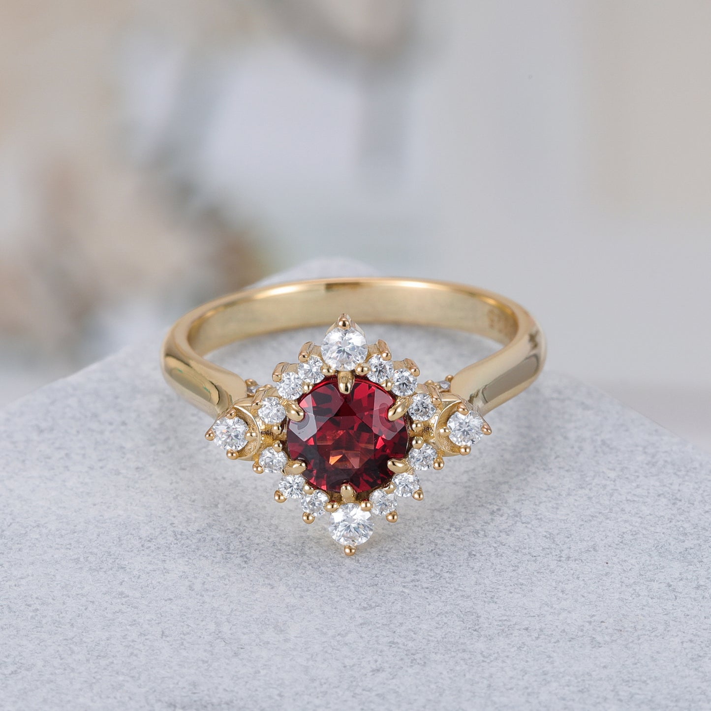 Natural Garnet Flower With Moissanite 925 Sterling Silver Ring