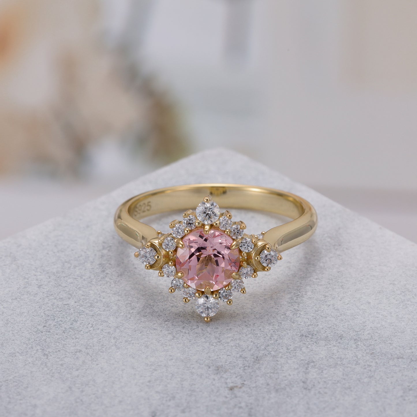 Pink Sapphire Flower With Moissanite 925 Sterling Silver Ring