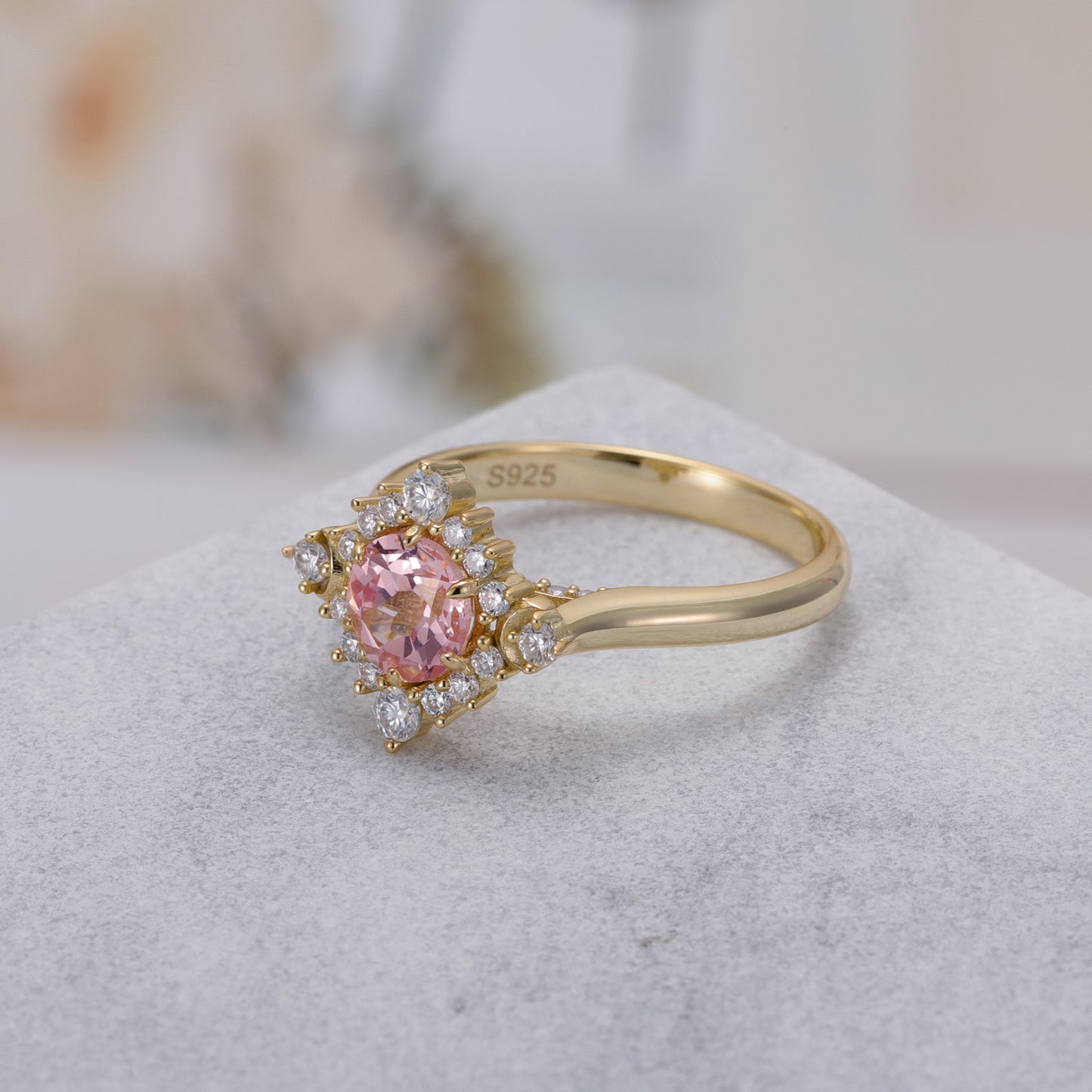 Pink Sapphire Flower With Moissanite 925 Sterling Silver Ring