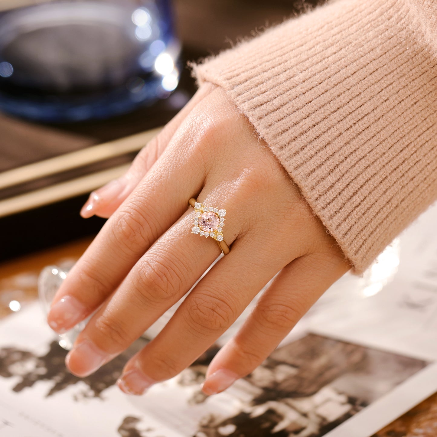 Pink Sapphire Flower With Moissanite 925 Sterling Silver Ring