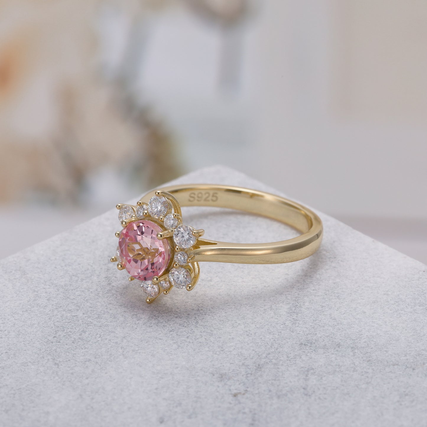 Pink Sapphire Flower With Moissanite 925 Sterling Silver Ring