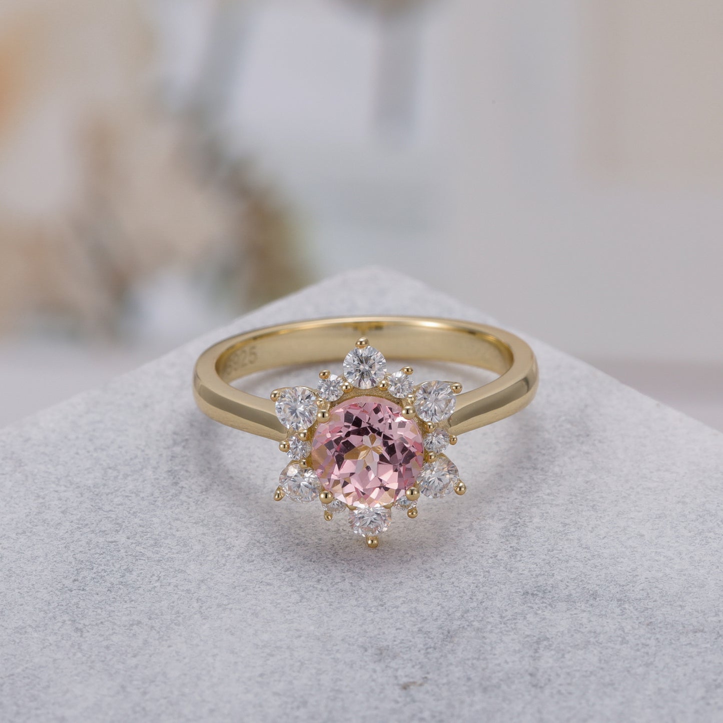 Pink Sapphire Flower With Moissanite 925 Sterling Silver Ring
