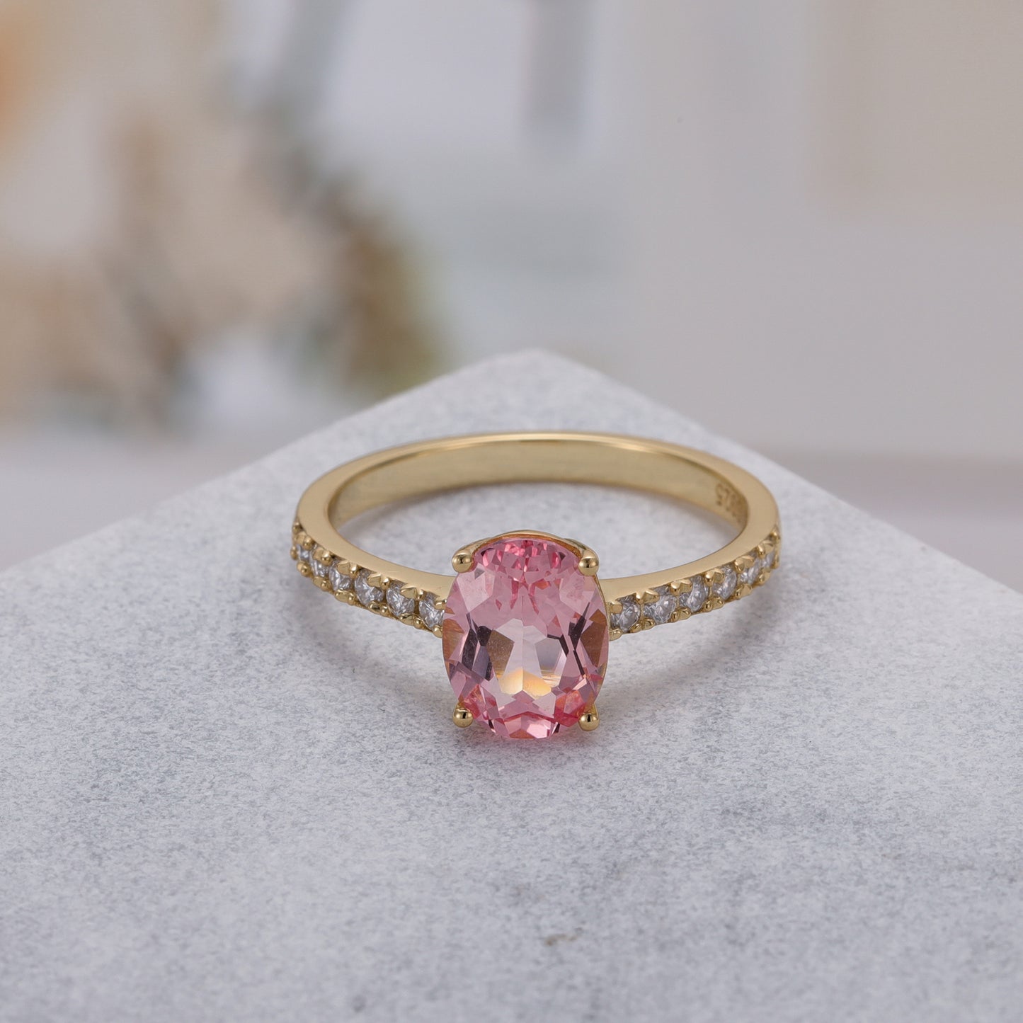 Pink Sapphire Oval With Moissanite 925 Sterling Silver Ring