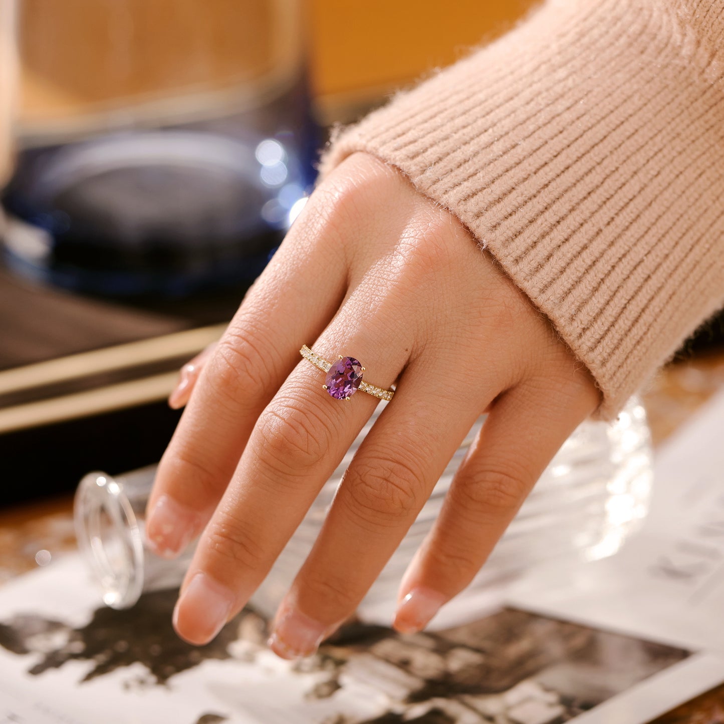Natural Amethyst Oval With Moissanite 925 Sterling Silver Ring