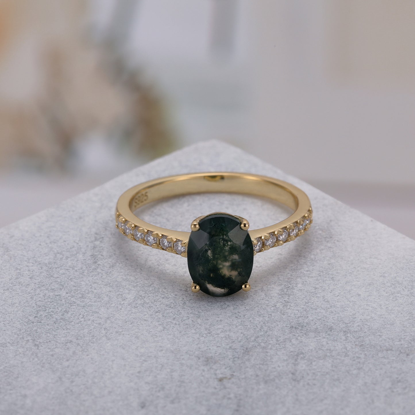 Natural Moss Agate Oval With Moissanite 925 Sterling Silver Ring