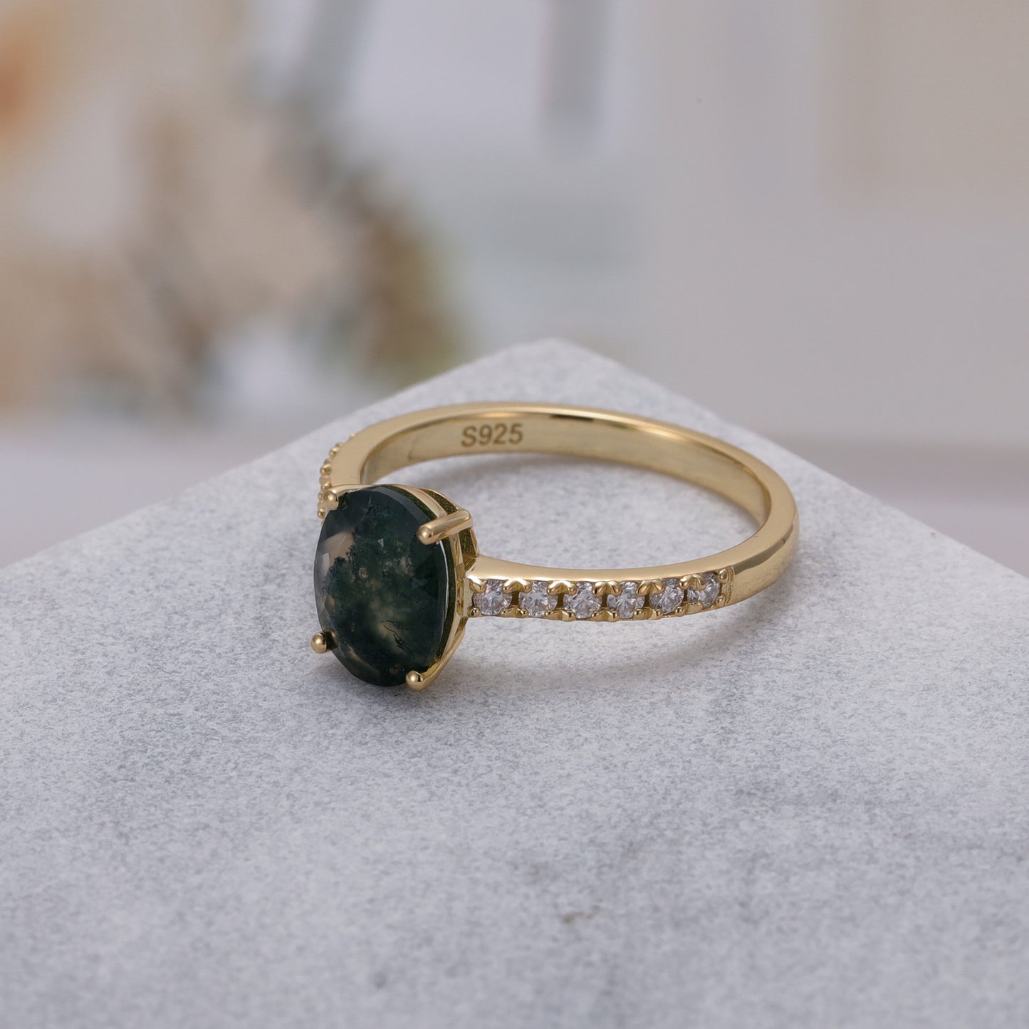 Natural Moss Agate Oval With Moissanite 925 Sterling Silver Ring