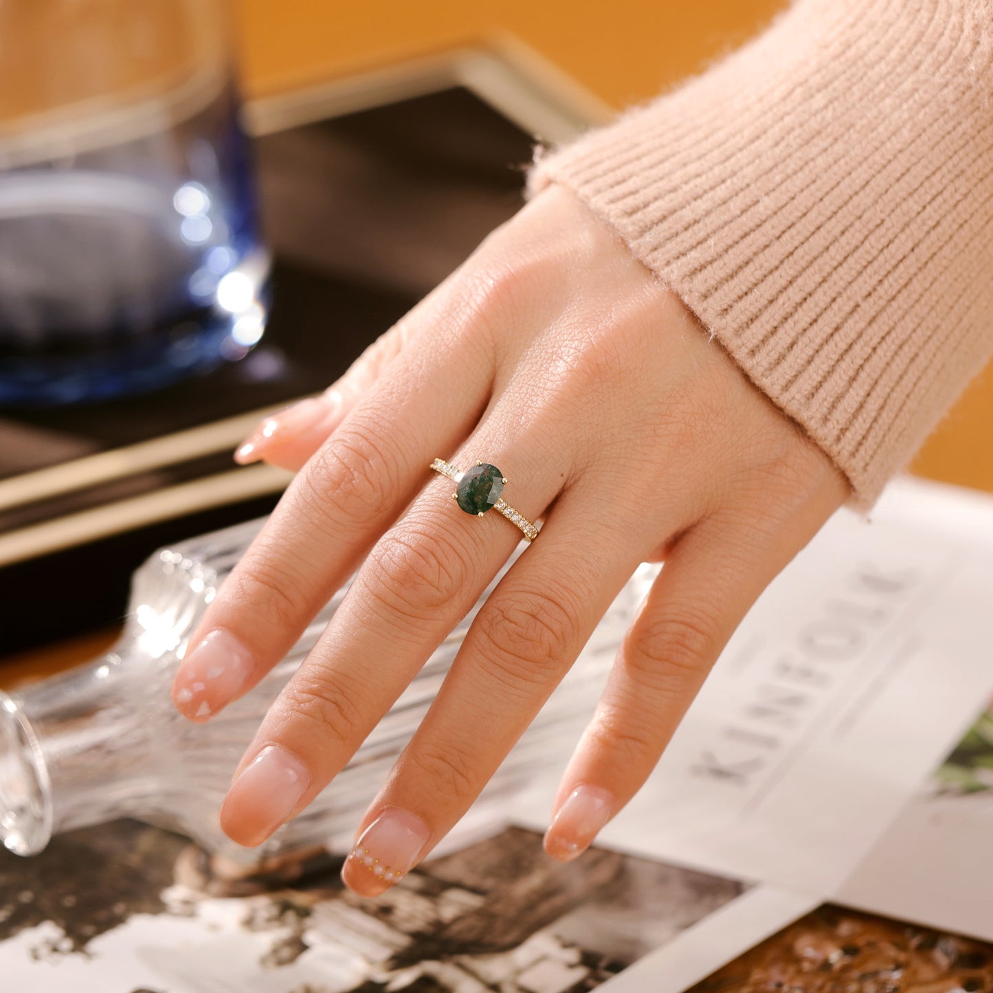 Natural Moss Agate Oval With Moissanite 925 Sterling Silver Ring