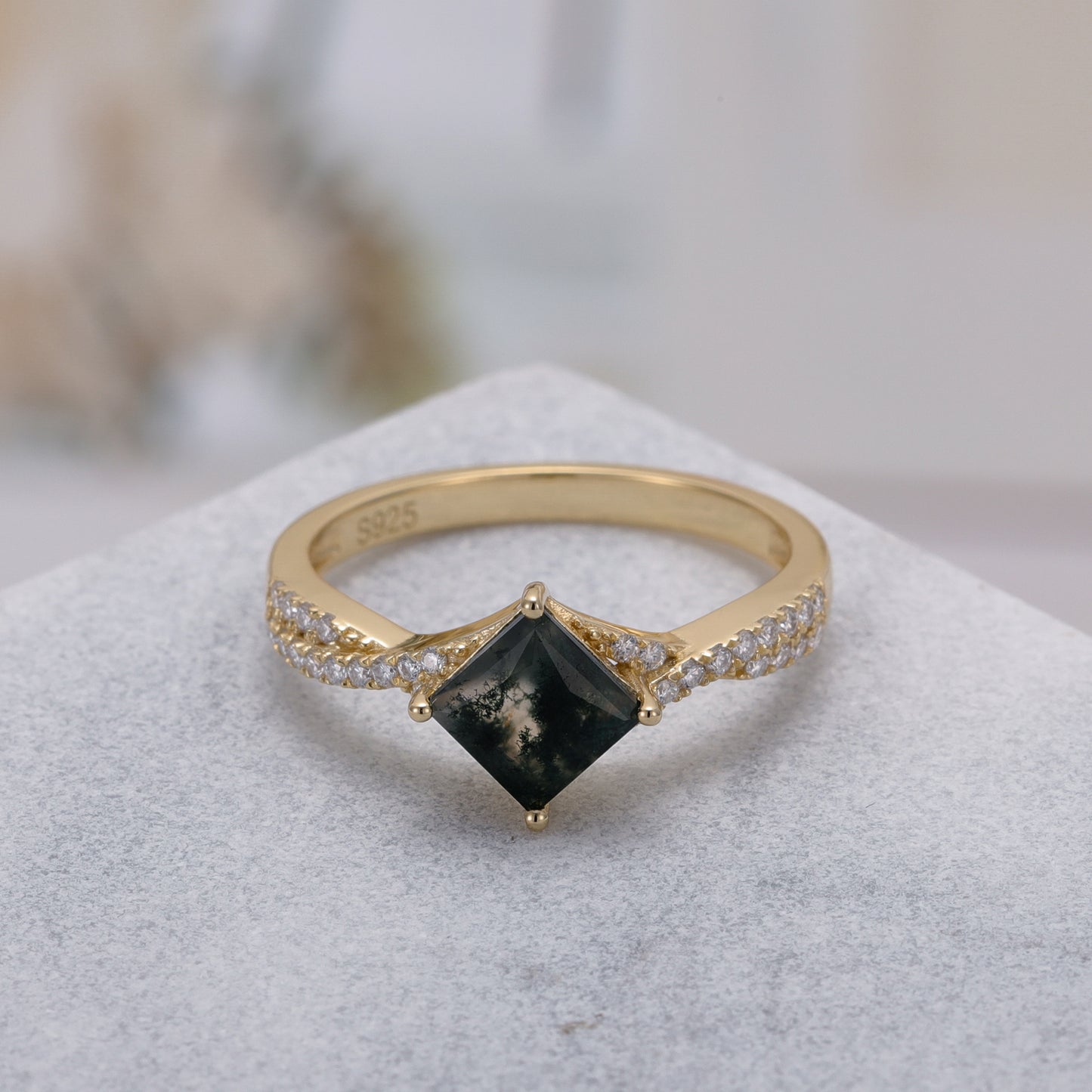 Natural Moss Agate Princess With Moissanite 925 Sterling Silver Ring