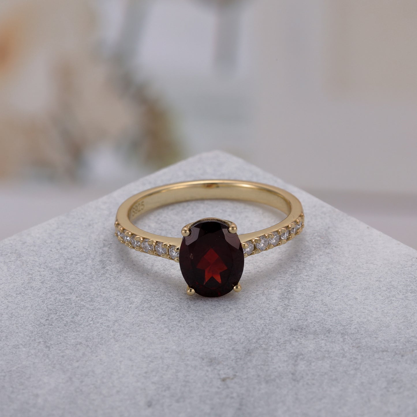 Natural Garnet Oval With Moissanite 925 Sterling Silver Ring