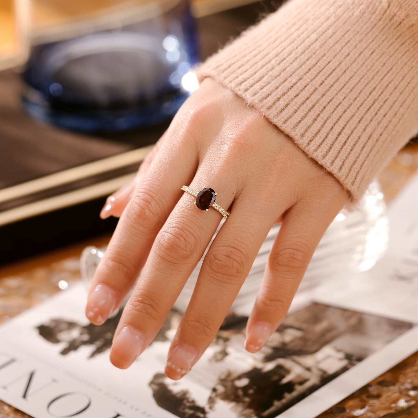 Natural Garnet Oval With Moissanite 925 Sterling Silver Ring
