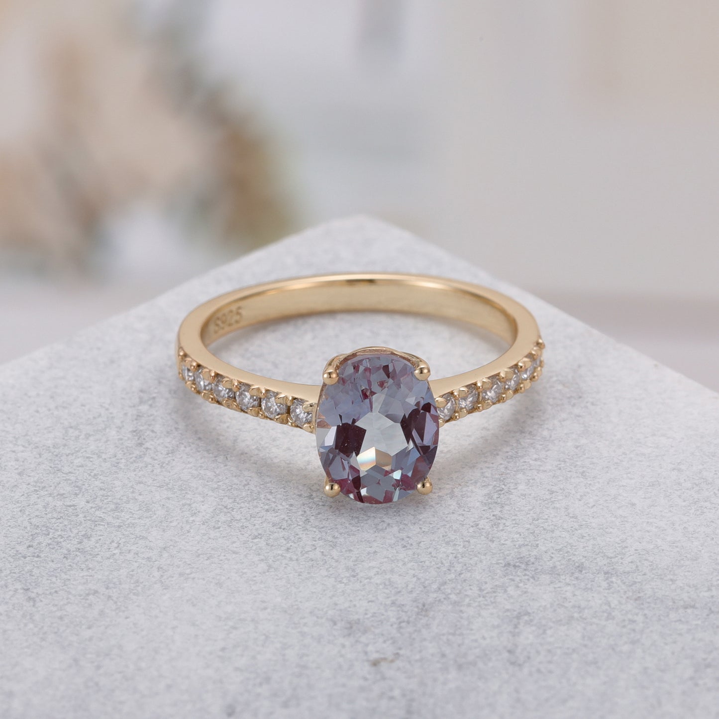 Alexandrite Oval Shape With Moissanite, 925 Sterling Silver Ring