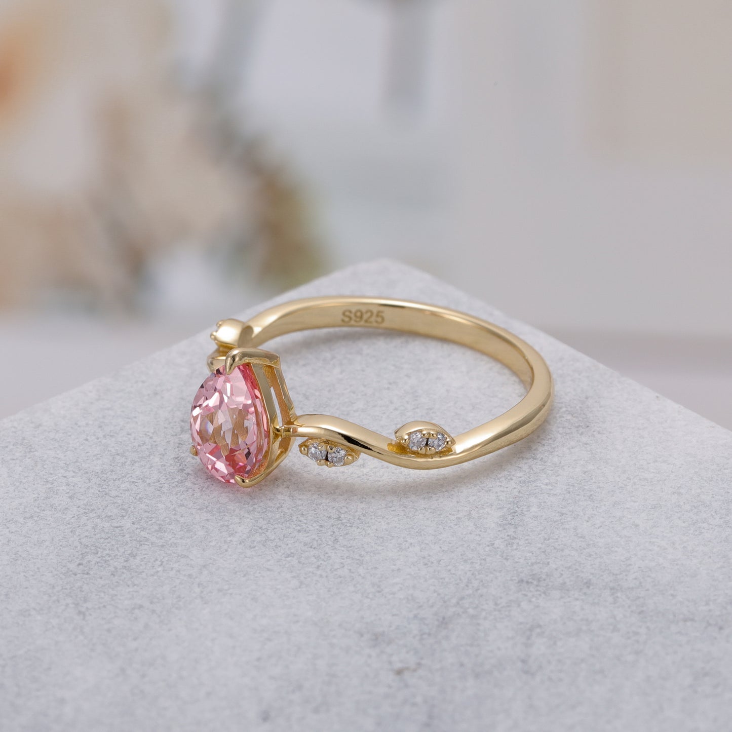 Pink Sapphire Pear Shaped With Moissanite, 925 Sterling Silver Ring