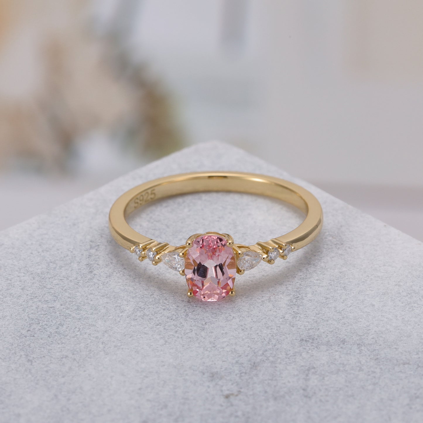 Pink Sapphire Oval Shaped With Moissanite, 925 Sterling Silver Ring