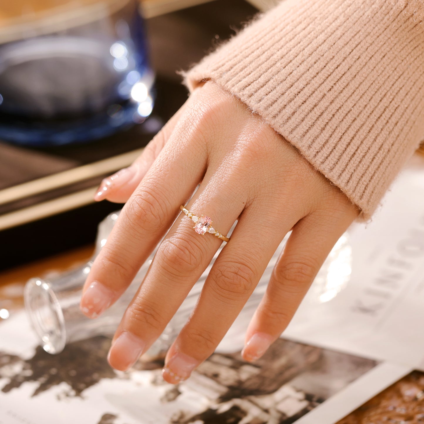 Pink Sapphire Oval Shaped With Moissanite, 925 Sterling Silver Ring