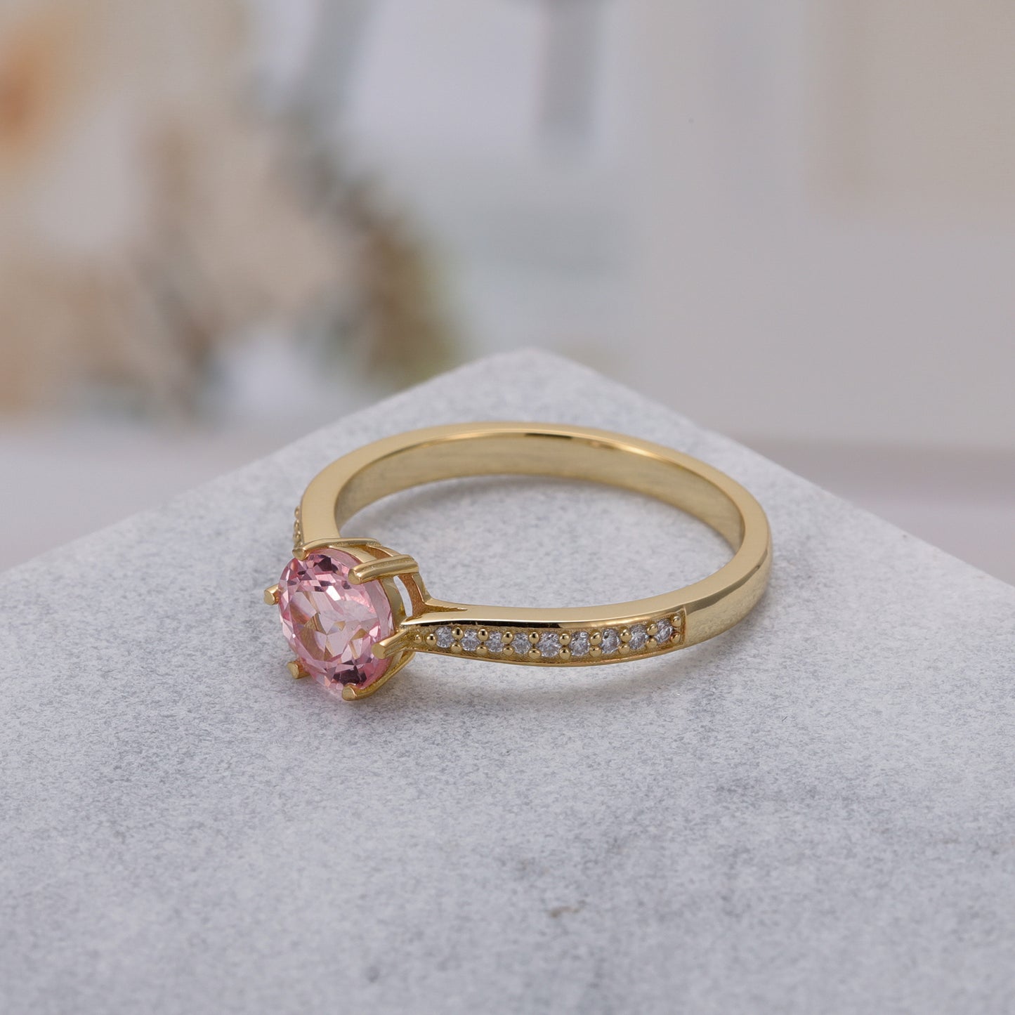 Pink Sapphire Round Shaped With Moissanite, 925 Sterling Silver Ring