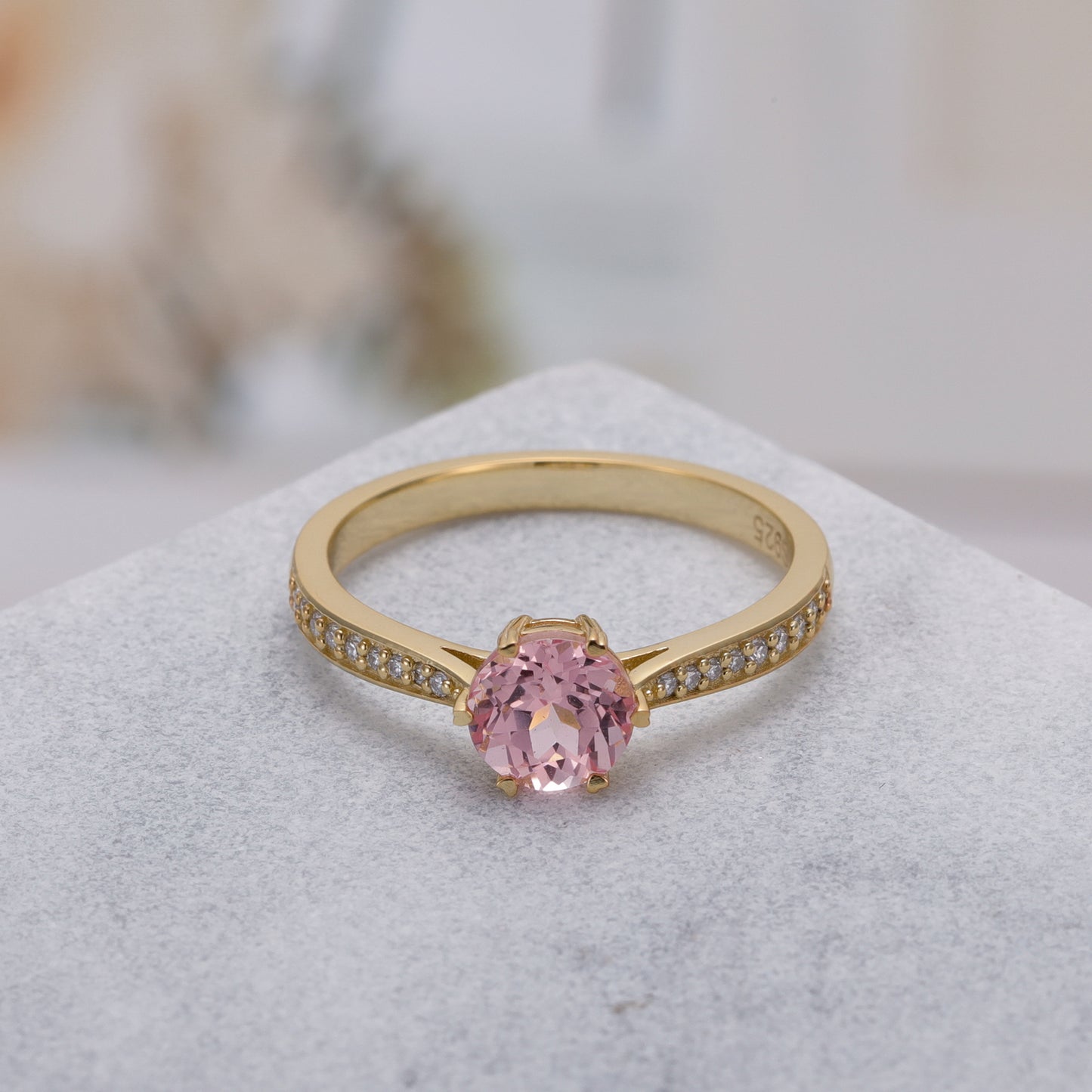 Pink Sapphire Round Shaped With Moissanite, 925 Sterling Silver Ring