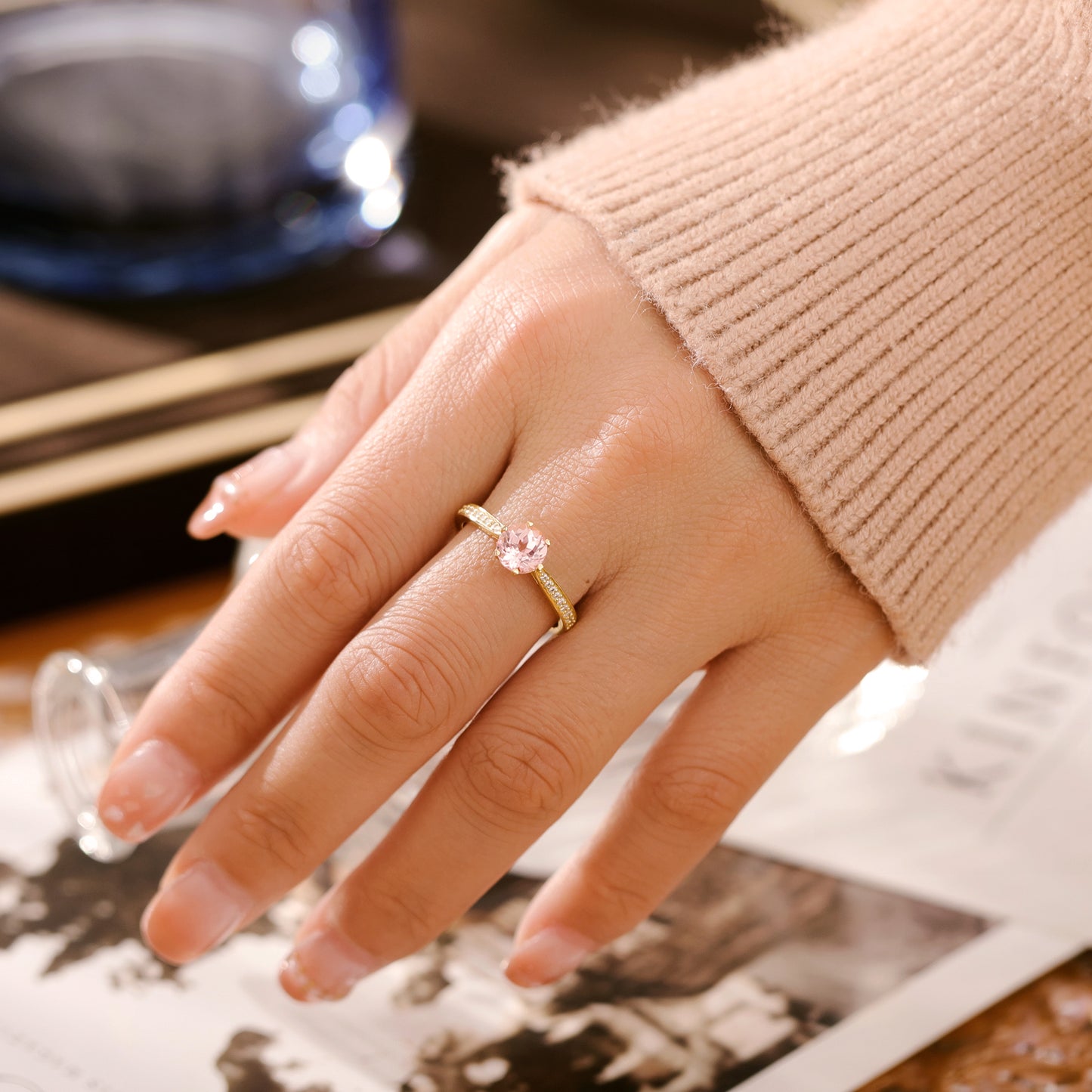Pink Sapphire Round Shaped With Moissanite, 925 Sterling Silver Ring