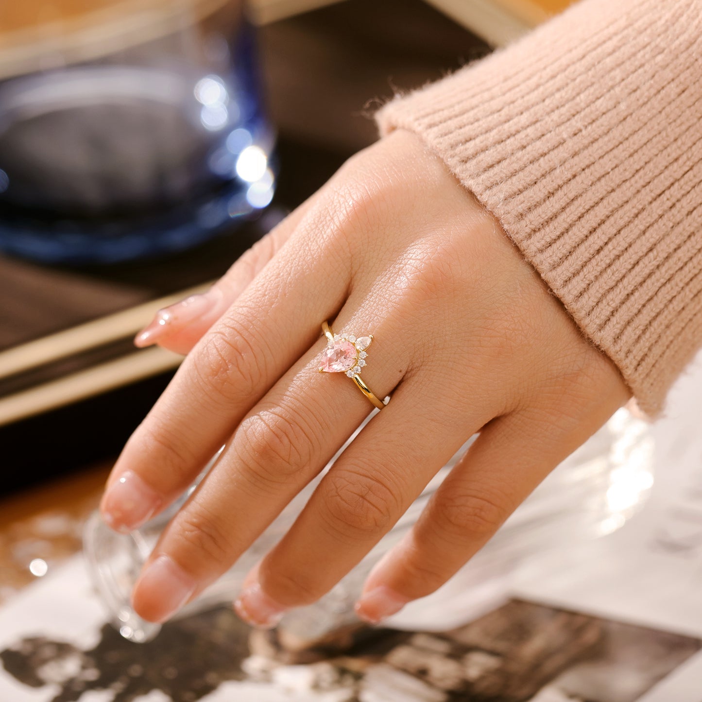 Pink Sapphire Pear Shaped With Moissanite, 925 Sterling Silver Ring