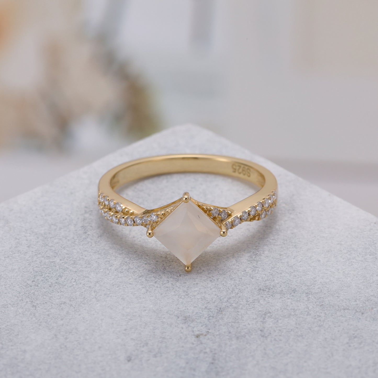 Natural Moonstone Princess Shape With Moissanite Ring 925 Sterling Silver