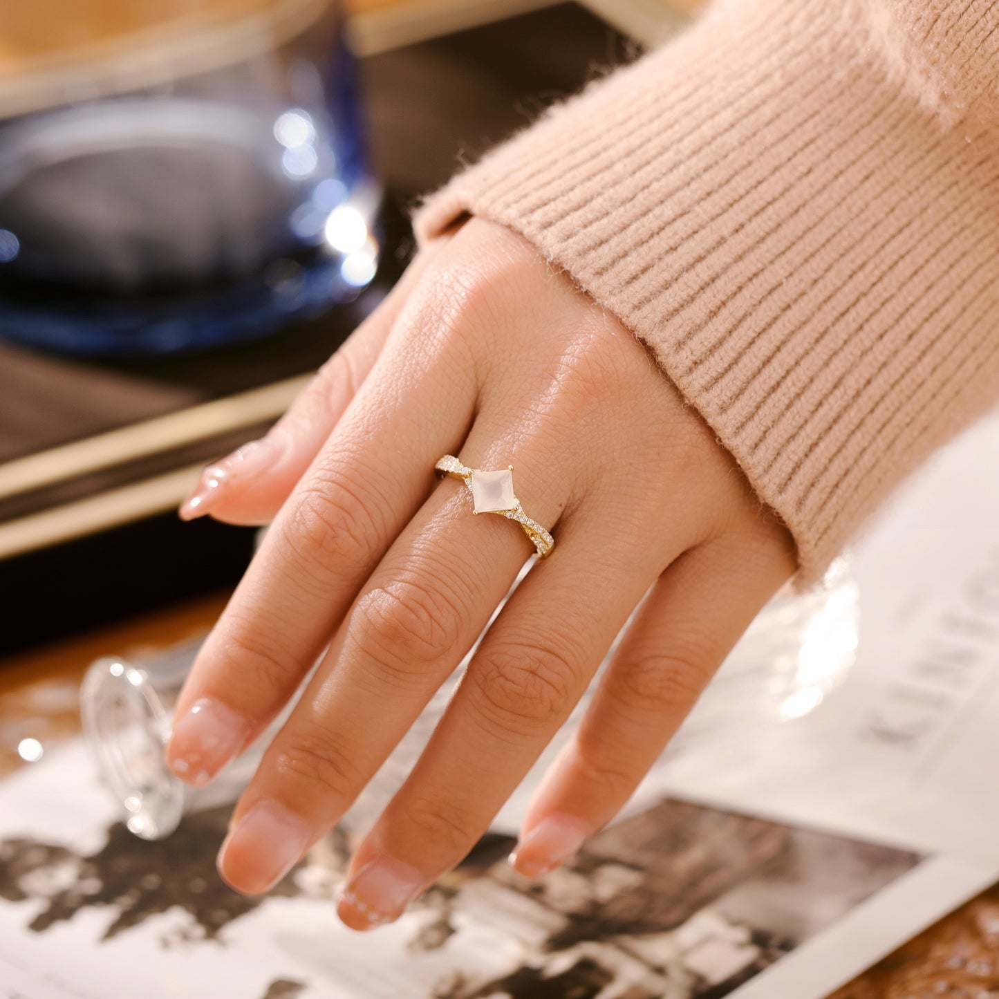 Natural Moonstone Princess Shape With Moissanite Ring 925 Sterling Silver