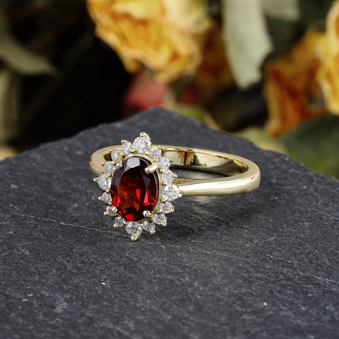Natural Garnet Oval Shaped With Moissanite, 925 Sterling Silver Ring