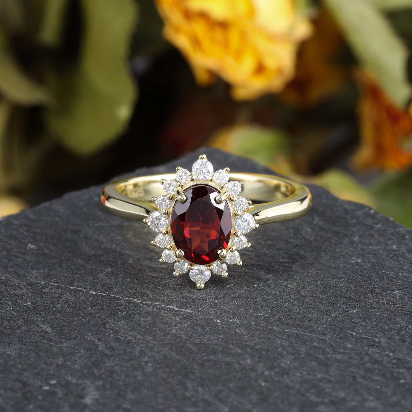 Natural Garnet Oval Shaped With Moissanite, 925 Sterling Silver Ring