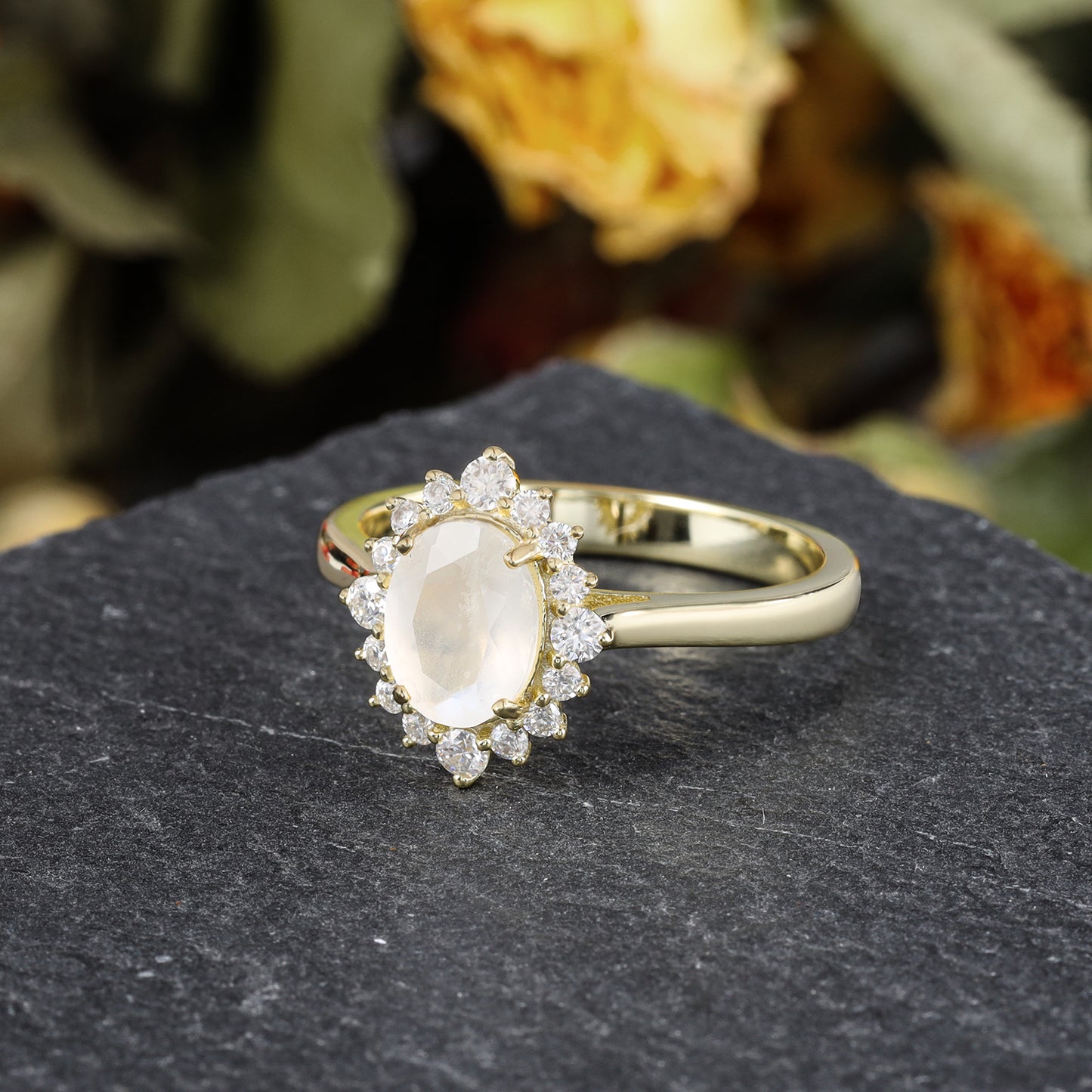Natural Moonstone Oval Shaped With Moissanite, 925 Sterling Silver Ring