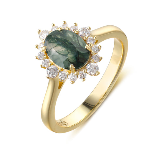 Natural Moss Agate Oval Shaped With Moissanite, 925 Sterling Silver Ring