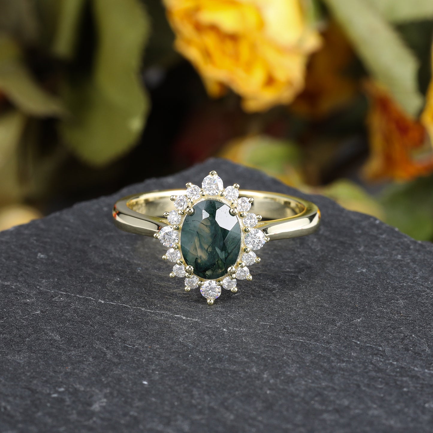 Natural Moss Agate Oval Shaped With Moissanite, 925 Sterling Silver Ring