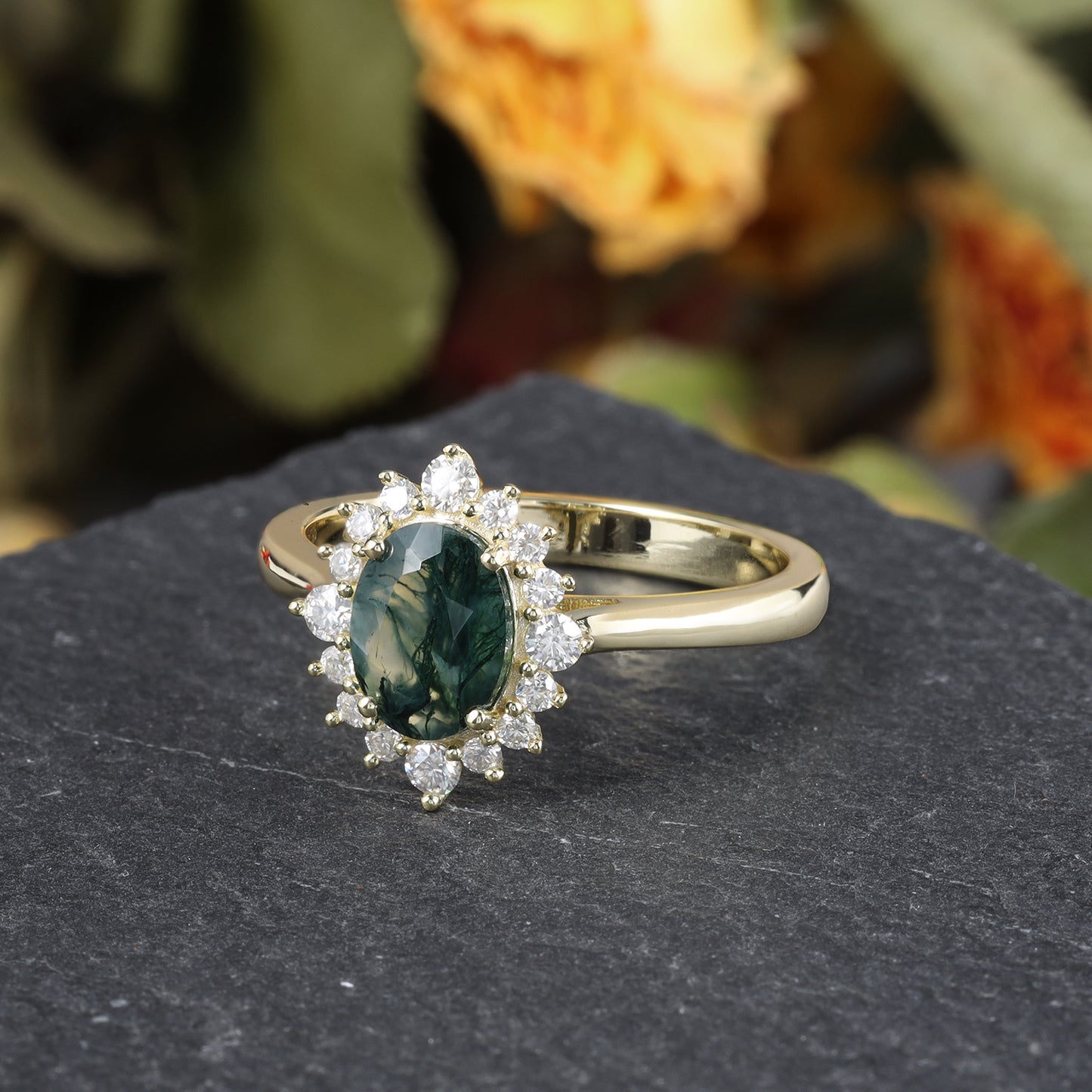 Natural Moss Agate Oval Shaped With Moissanite, 925 Sterling Silver Ring