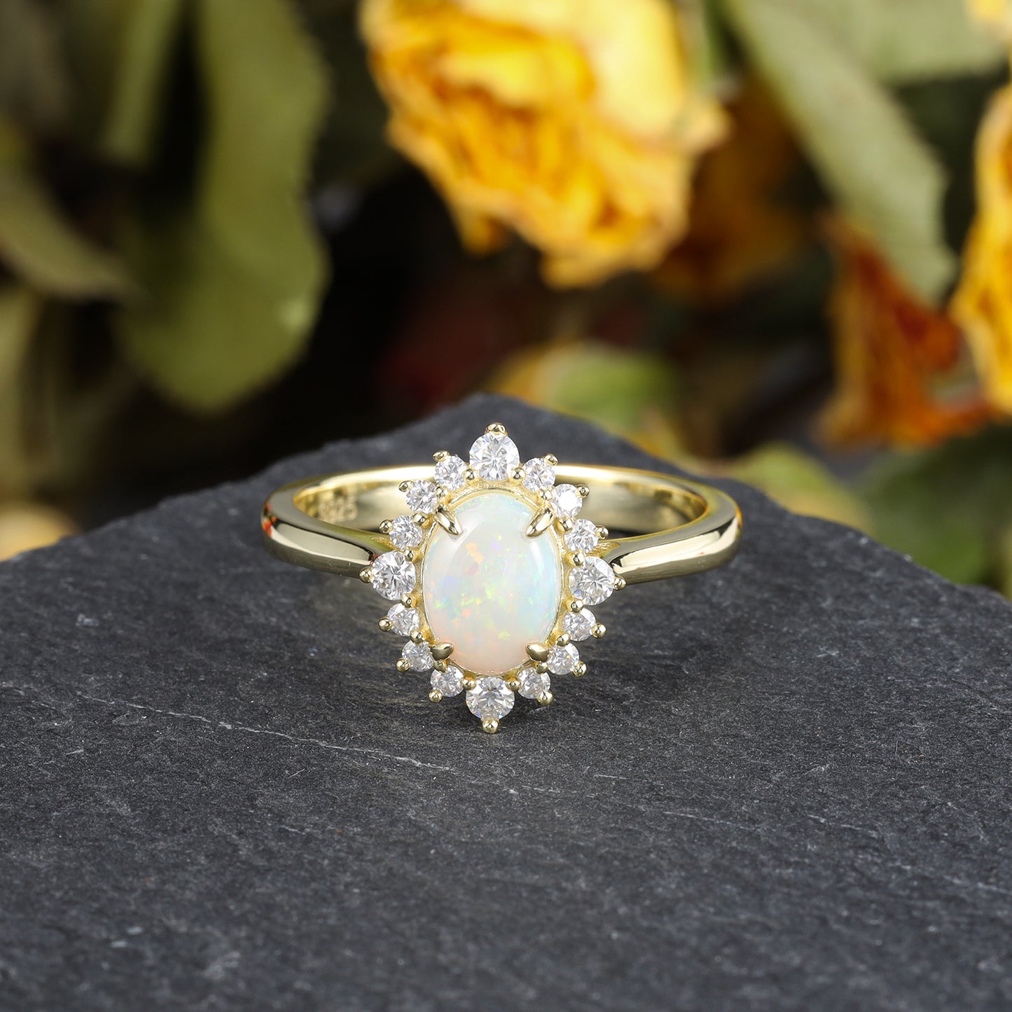Natural Opal Flower With Moissanite 925 Sterling Silver Ring