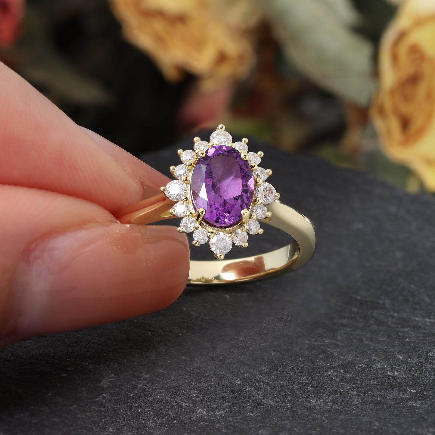 Natural Amethyst Oval Shaped With Moissanite, 925 Sterling Silver Ring