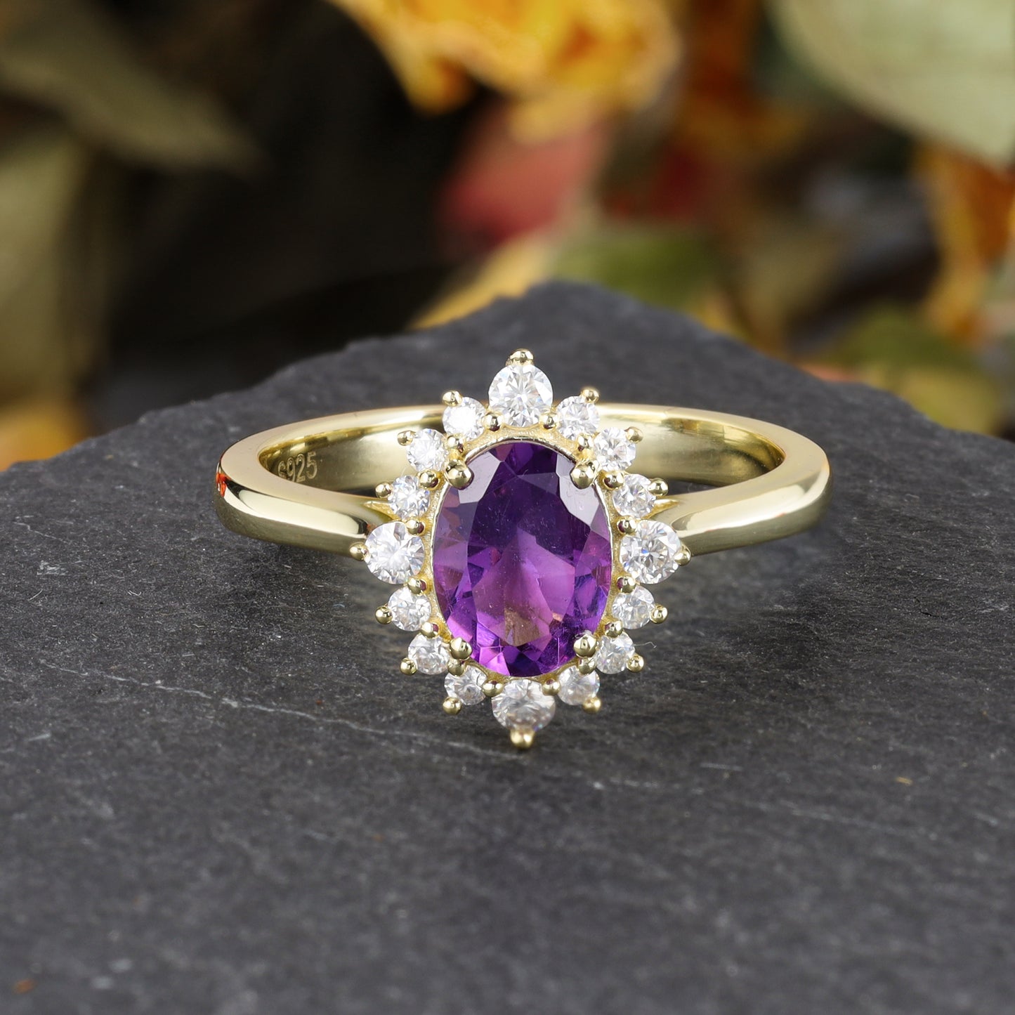 Natural Amethyst Oval Shaped With Moissanite, 925 Sterling Silver Ring