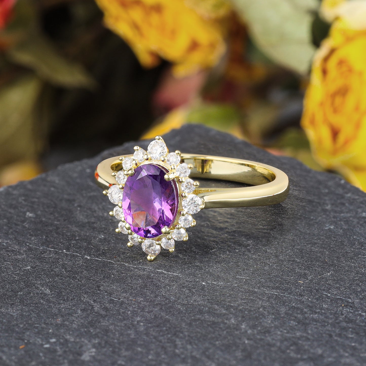 Natural Amethyst Oval Shaped With Moissanite, 925 Sterling Silver Ring