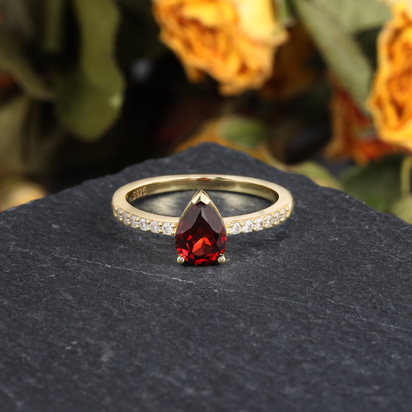 Natural Garnet Pear Shaped With Moissanite, 925 Sterling Silver Ring