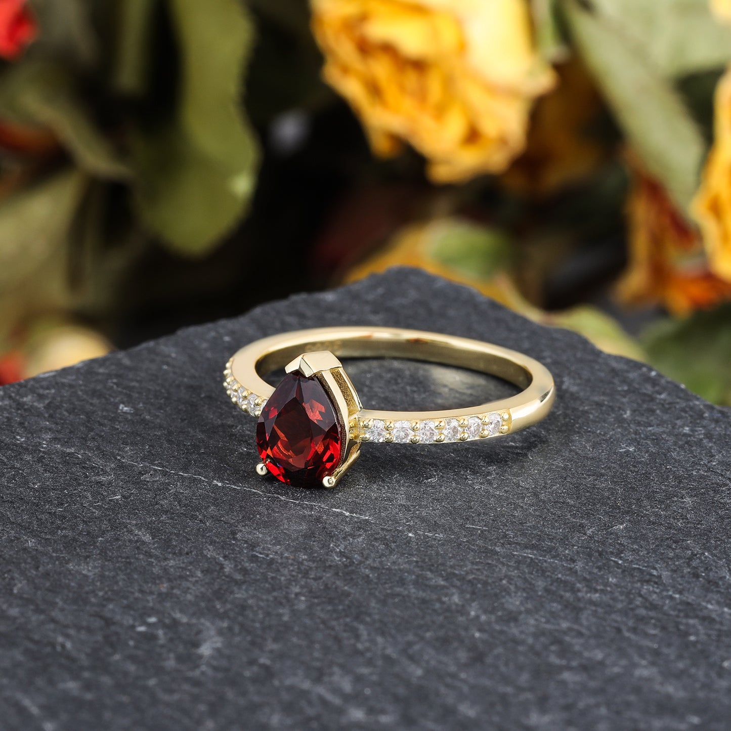 Natural Garnet Pear Shaped With Moissanite, 925 Sterling Silver Ring