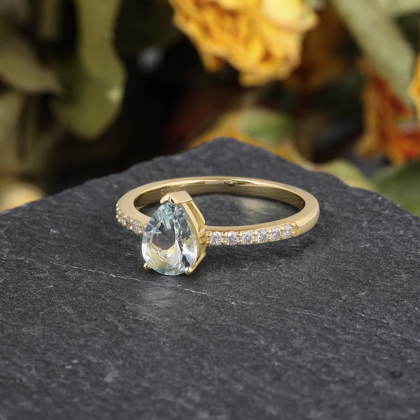 Natural Sapphire Pear Shaped With Moissanite, 925 Sterling Silver Ring