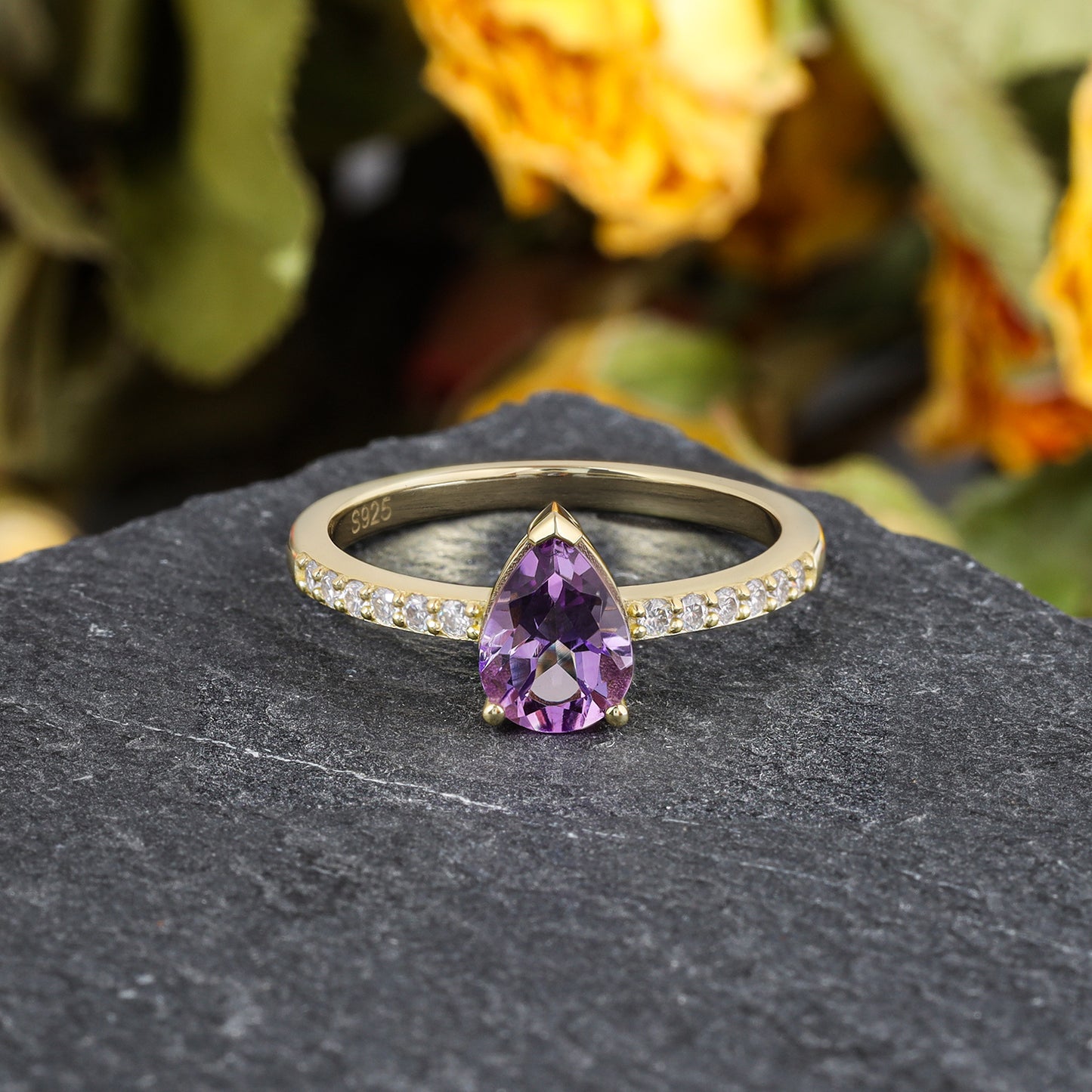 Natural Amethyst Pear Shaped With Moissanite, 925 Sterling Silver Ring